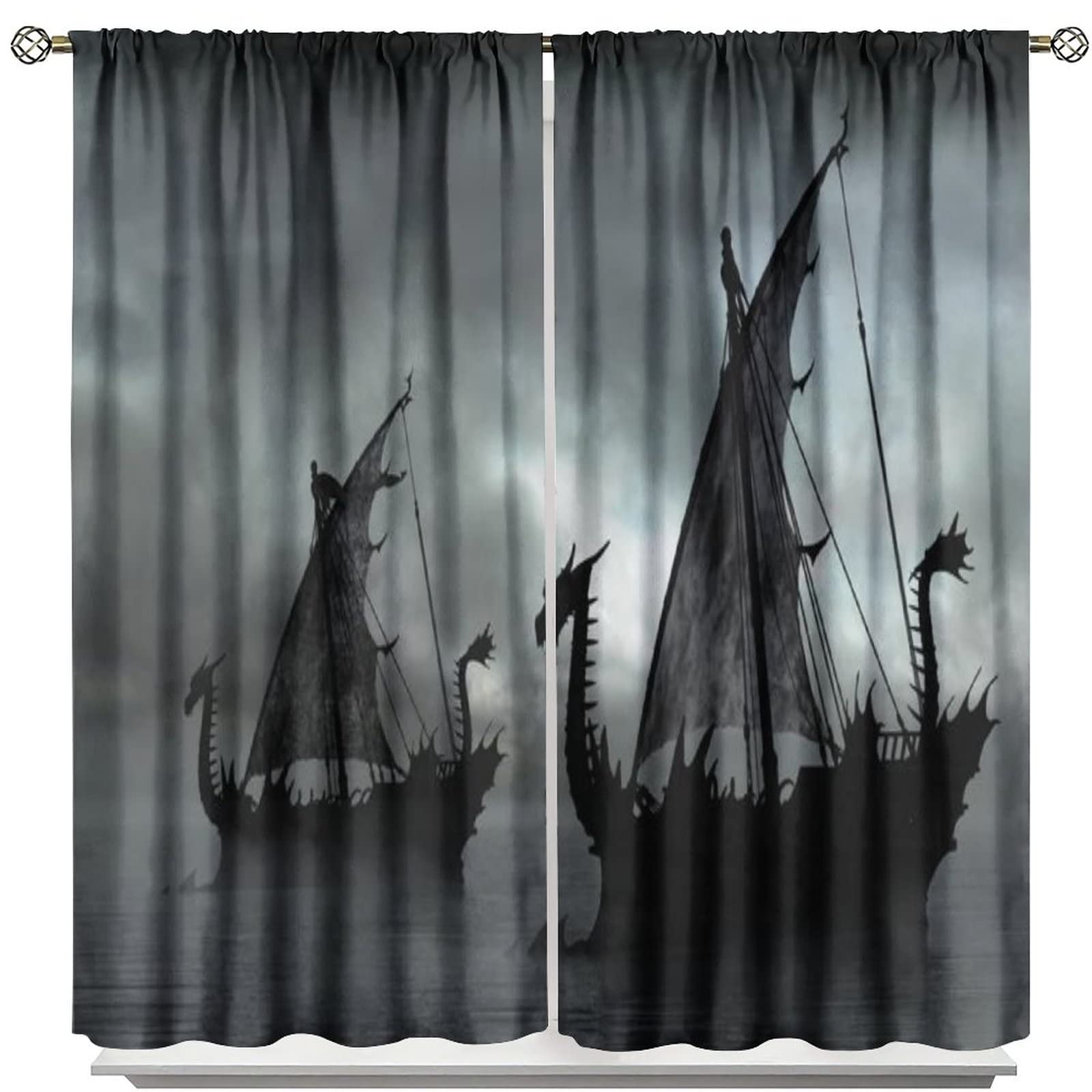 Viking Ship Blackout Curtains,Gloomy Misty Lake Landscape Fantasy Black White Color Sailing Dragon Boat Window Drapes for Boys Girls Bedroom Living