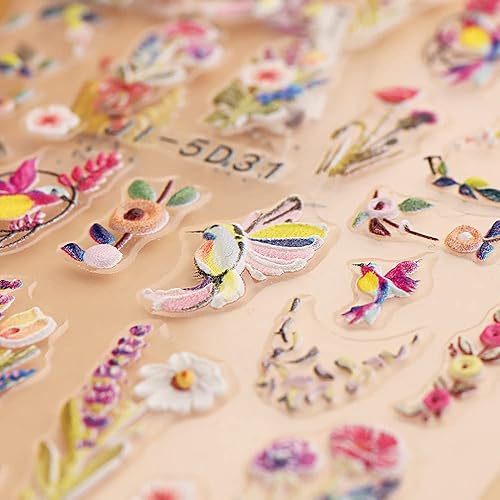 Miniatura 3 de Dornail Calcomanías de uñas bronceadas en relieve 5D, 3 hojas de flores de primavera, hierba, pájaro, calcomanías de arte de uñas, accesorios de