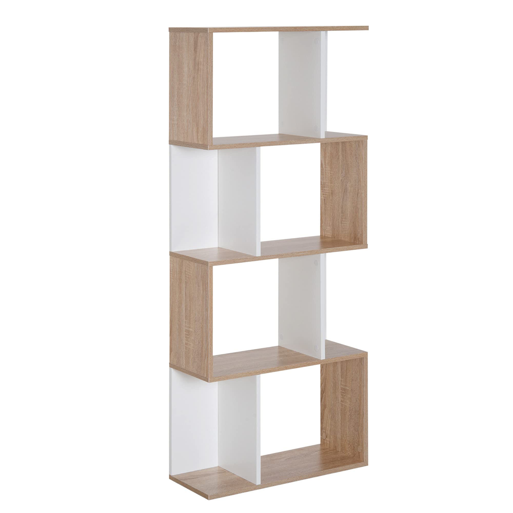 HOMCOM Bibliothèque à 4 Niveaux, Meuble de Rangement en Forme de S avec étagères, étagère de Rangement pour Salon, Chambre Bureau, 60 x 24 x 148 cm, Bois Naturel et Blanc