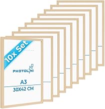 PHOTOLINI A3 Frame 30 x 42 Natural MDF Wood, Set of 10 Picture Frames for Posters and Posters, Shatterproof Acrylic Glass, Wall Decoration for Hanging, with Additional Accessories