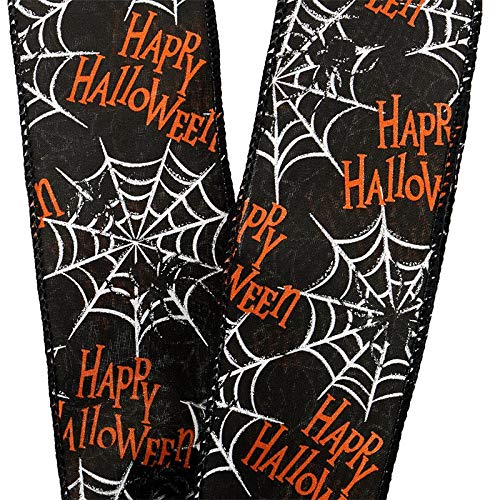 Image of Happy Halloween Spiderwebs Wired Ribbon - 2 1 /2 inch x 10 Yards, Black, Orange, White, Bows, Wreath, Party Decor, Fundraiser, School Dance, Haunted House Decoration, Trick or Treat