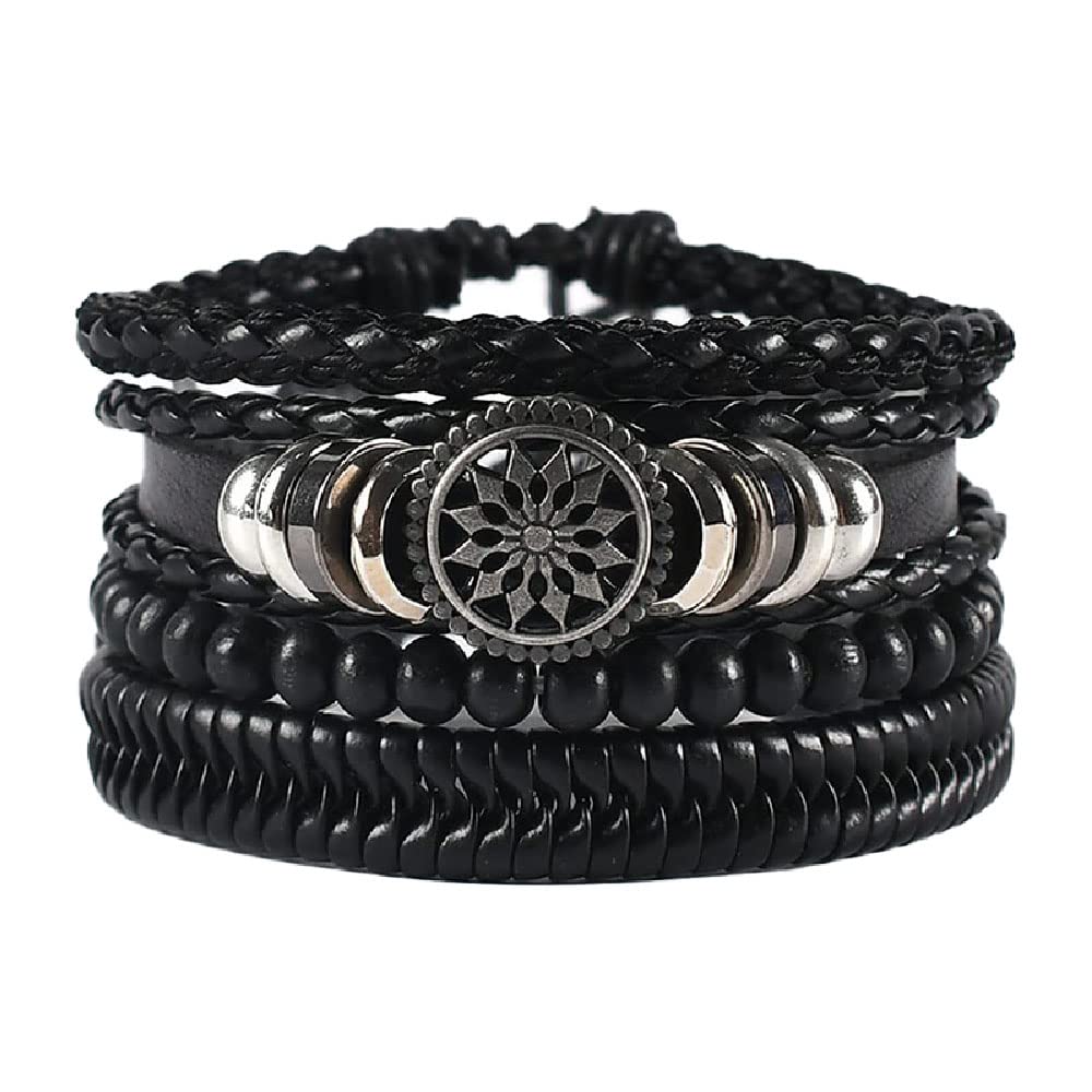 4 PCs Adjustable Multiple Layer PU Leather Bracelets - Tree Flower Charm Bracelet for Boys & Men