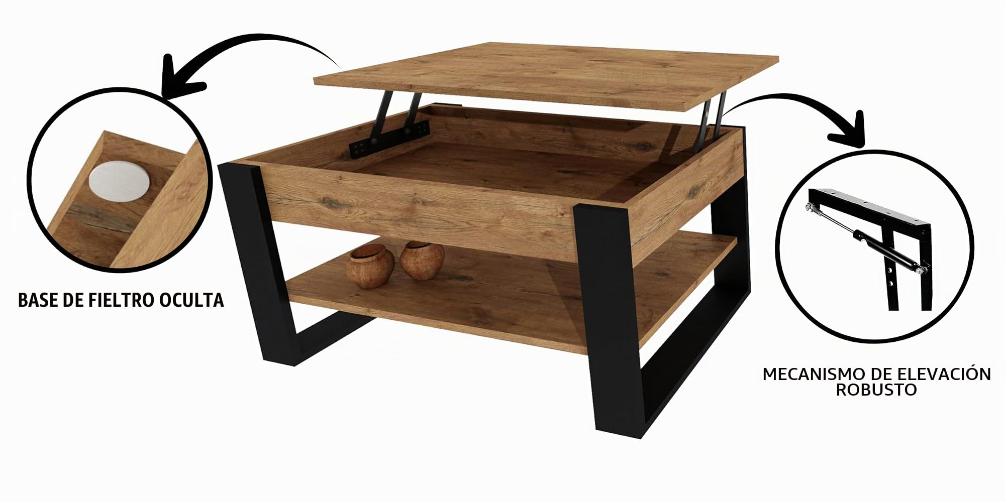 Mesa de Centro elevable | Mesa de salón Regulable con Almacenamiento | Roble Lancelot Negro con Estante y Compartimento Oculto
