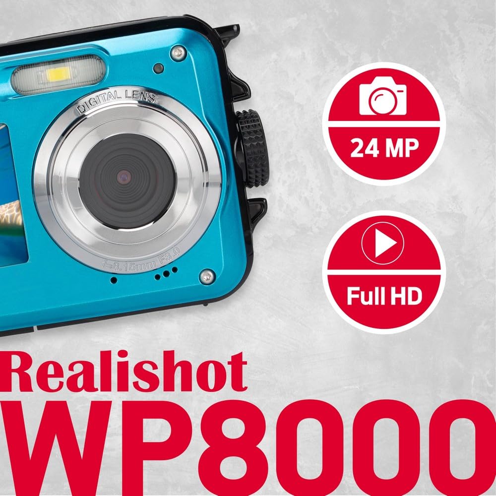 AgfaPhoto Realishot WP8000 Appareil Photo Numérique Étanche 24 MP Vidéo Full HD Double écran LCD Zoom Digital 16x Stabilisateur Numérique Batterie Lithium Bleu