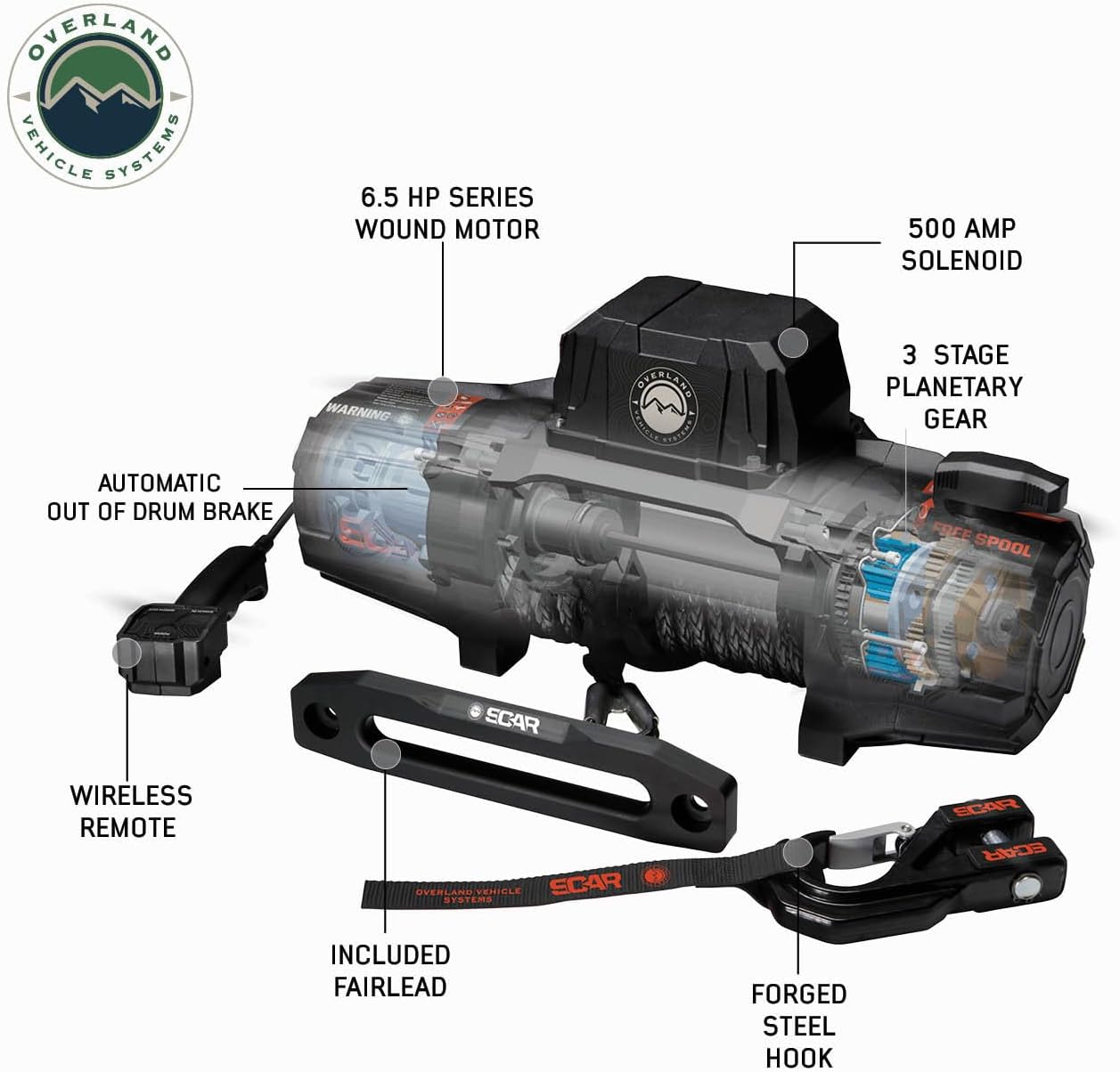Overland Vehicle Systems Scar 12 Off Road Recovery Winch 12,000lb Steel Cable and Wireless Remote