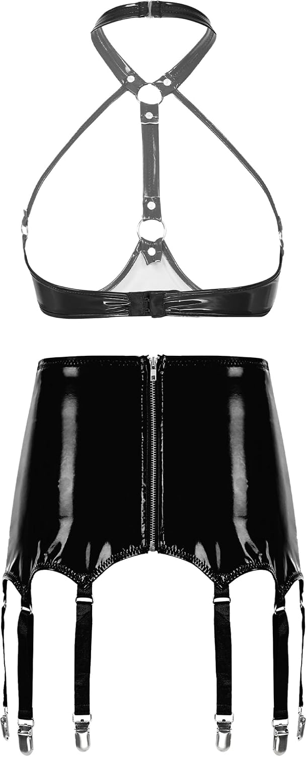 Agoky Women's Halter Neck Hollow Out Harness Cage Bra Crop Tops with Zipper Back Mini Garters Skirts