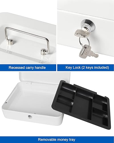 Vista 26 de Caja de dinero grande con bandeja de dinero y cerradura, caja de dinero de metal para efectivo, caja de seguridad de 11.8 x 9.5 x 3.54 pulgadas