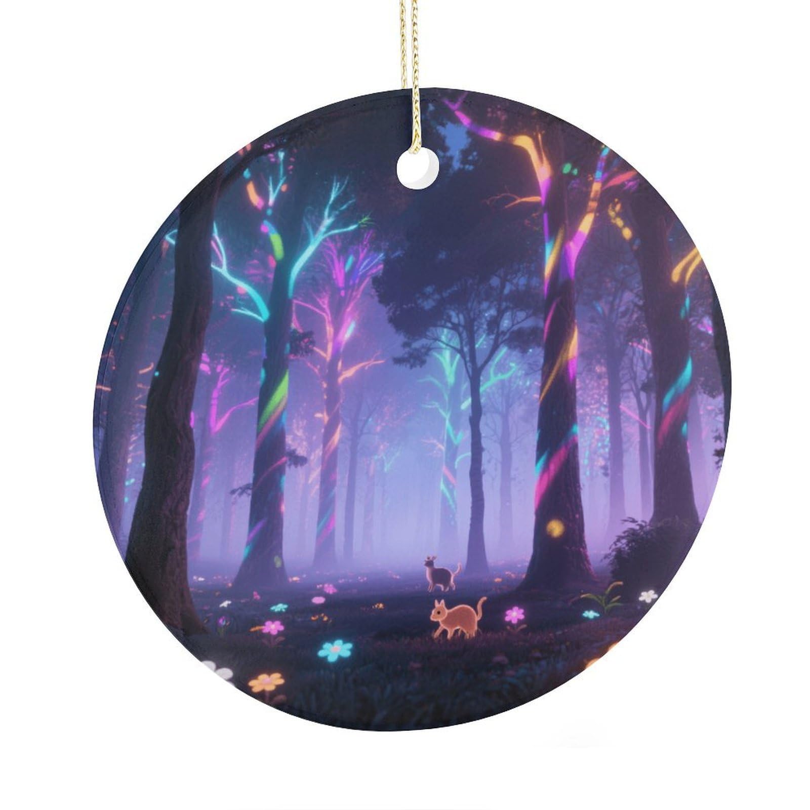 Fekiloot Style Holographic Projection Forest Christmas Ornaments 2.9 Inch Round Ceramic Ornament Keepsake Thank You Gifts For Office, Room, Home - Holiday Present Ideas