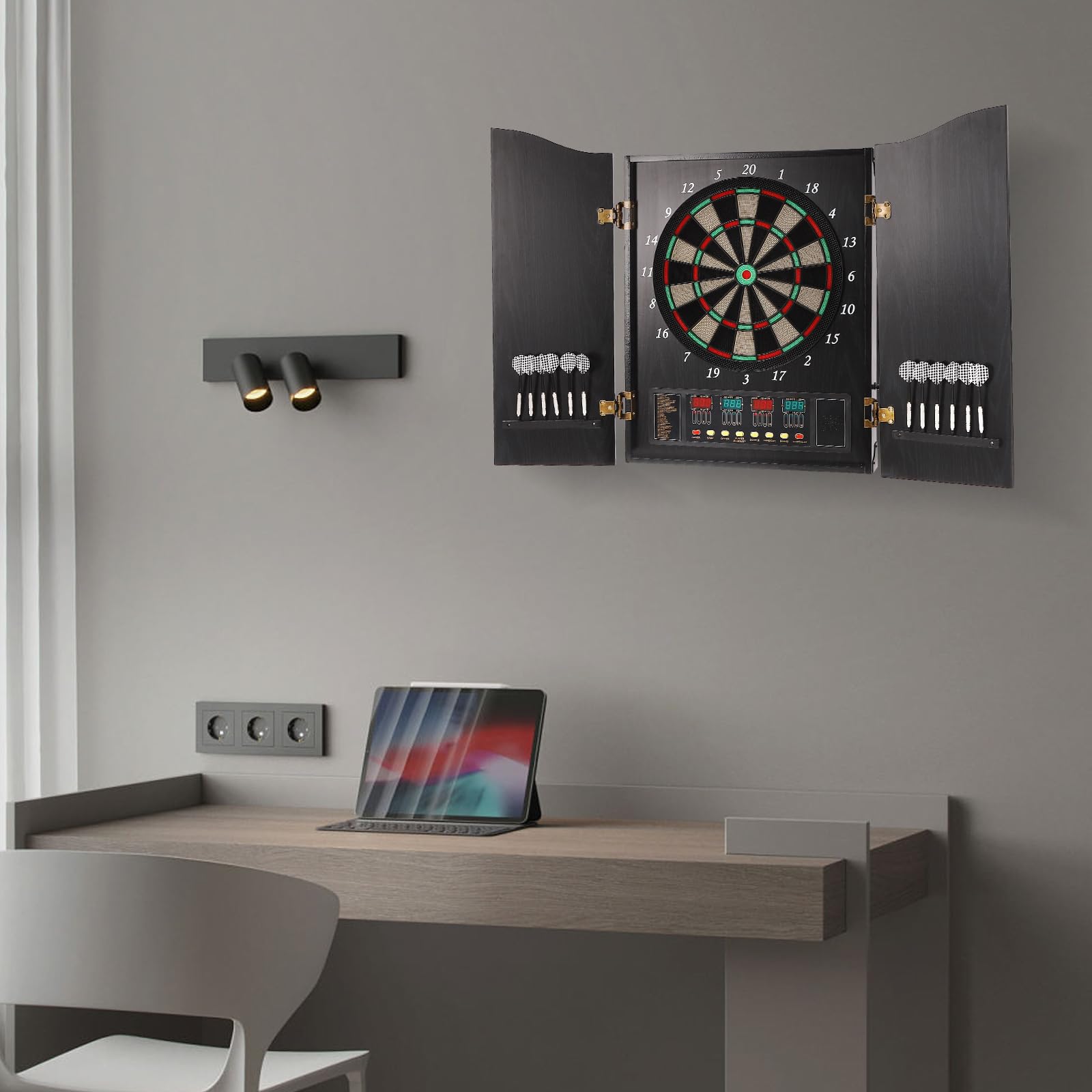 LyeXD Electronic Dart Board for Adults, Dart Board Cabinet Set w/12 Darts, 27 Games &243 Game Variations, Dart Board Electronic Scoreboard for 16 Players, Electronic Dart Machine for Office (Black)