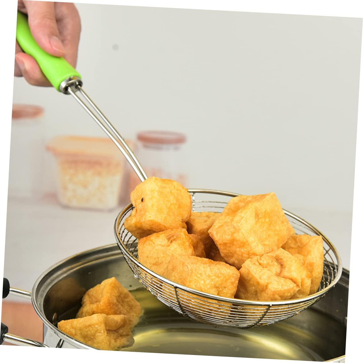 ABOOFAN Stainless Steel Slotted Spoon Long Handle Heavy-Duty Strainer Ladle for Hot Pot Noodles and Fried Foods Kitchen Cooking Tool for Home and Restaurant Use