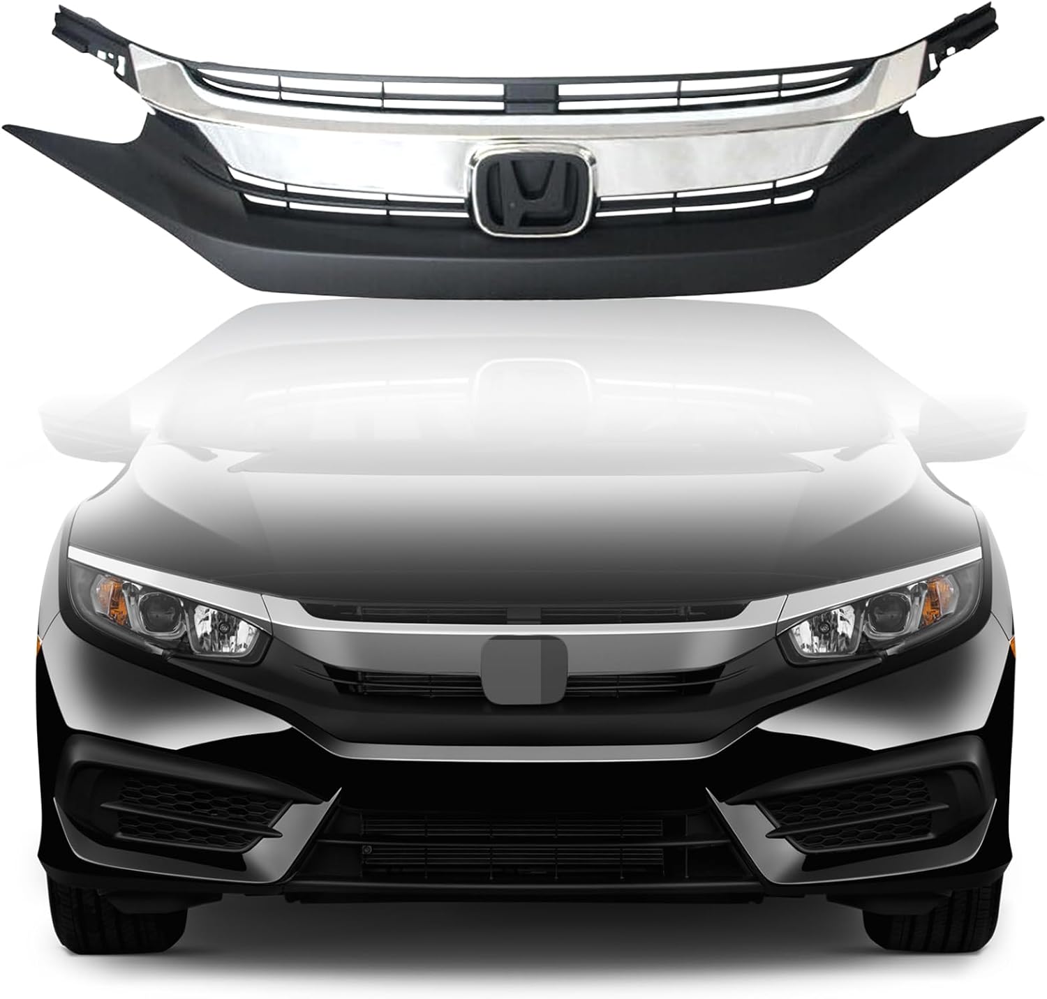 Front Bumper Grille for 2016 2017 2018 Honda Civic, Black with Chrome Molding Front Upper Hood Grill Replacement Part