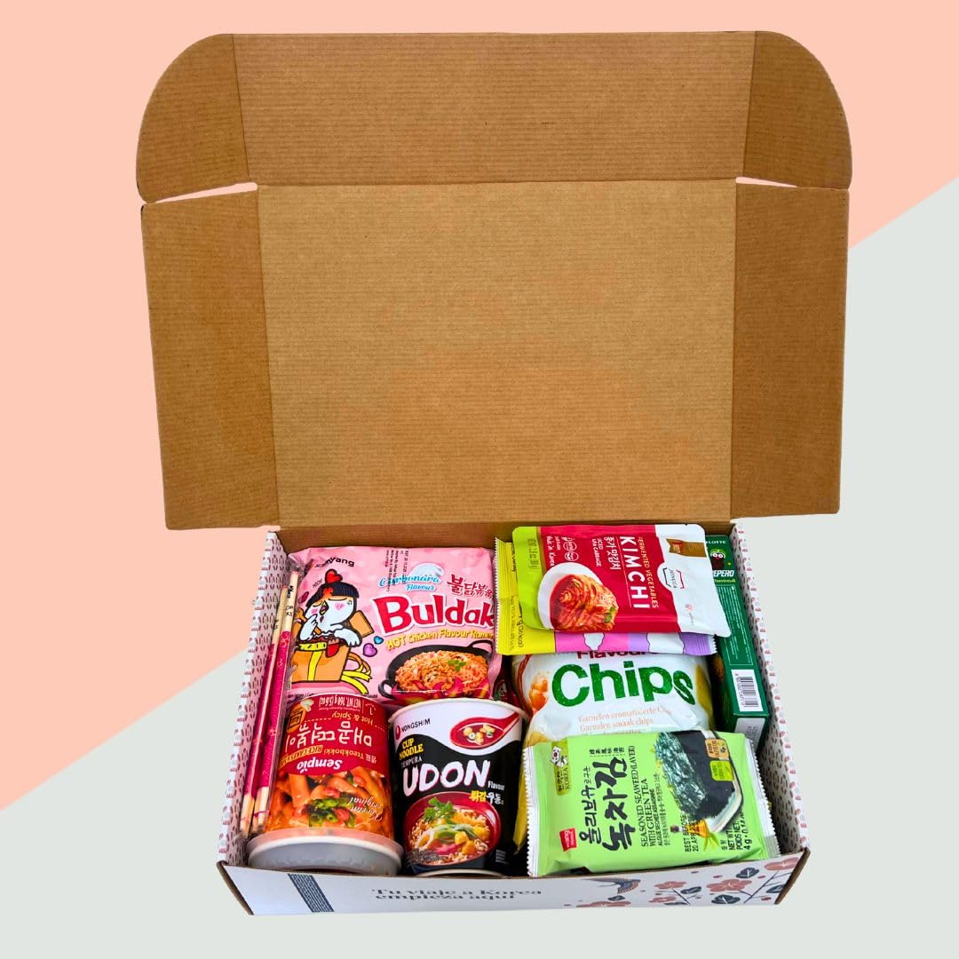 Korean Market | Caja Sorpresa de Comida Coreana (Starter Edition) | Para 1 o 2 Personas | Snacks, Ramen, Kimchi, Tteokbokki, Algas, Dulces y Palillos