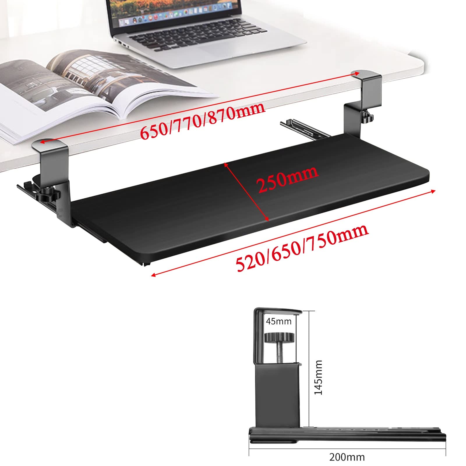 Vassoio per tastiera regolabile con supporto estraibile per mouse, ergonomico, per casa e ufficio, ripiani di supporto salvaspazio per taglierine, nero, 750 x 240 mm