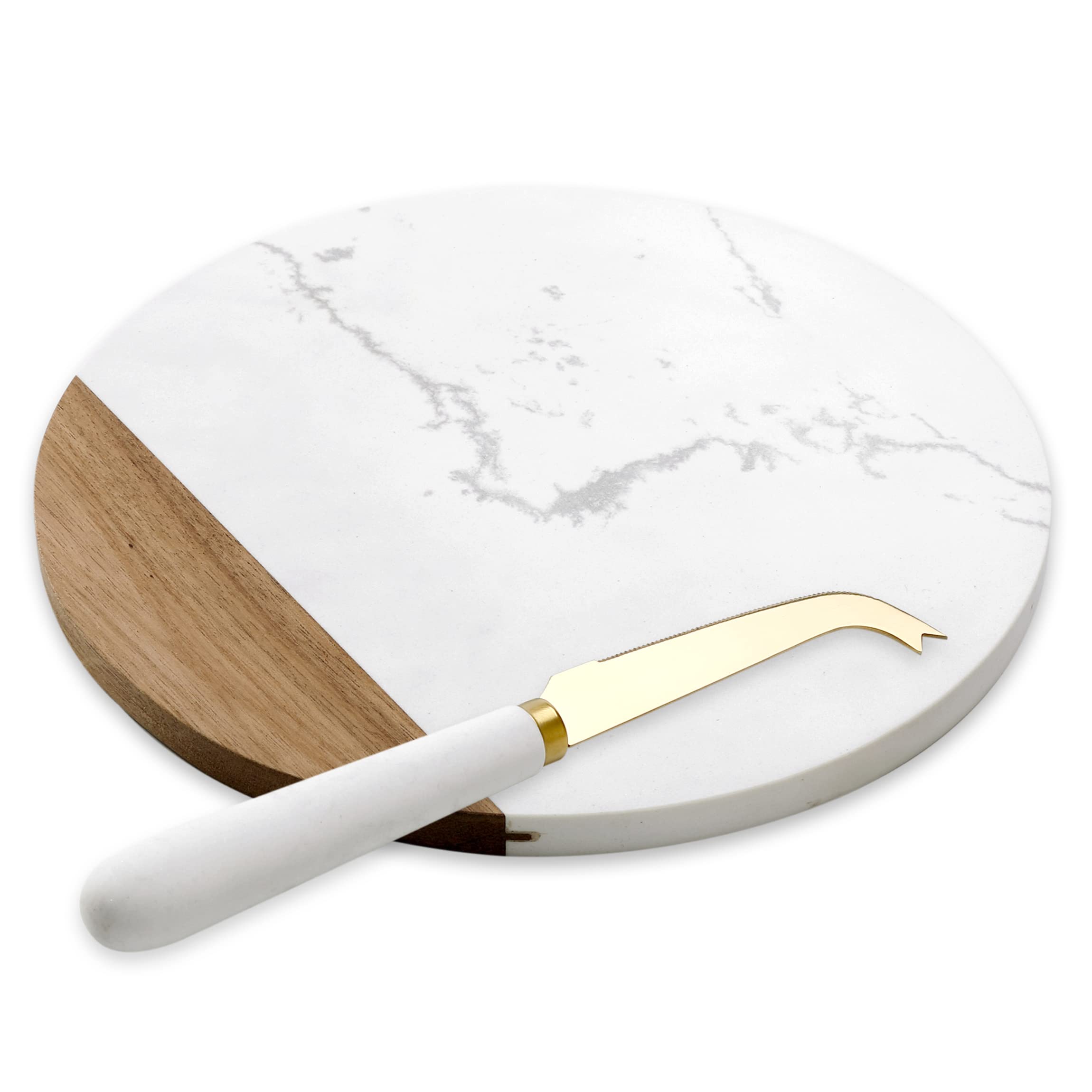 VUDECO White Marble and Acacia Wooden Cheese Board & Knife Set Marble