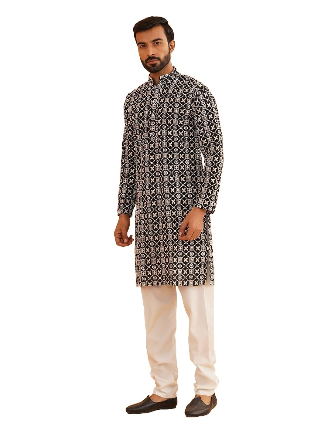 sojanya (Since 1958 Men's Cotton Gold Sequence Embroidered Kurta with white Churidaar Pyjama-picture-13