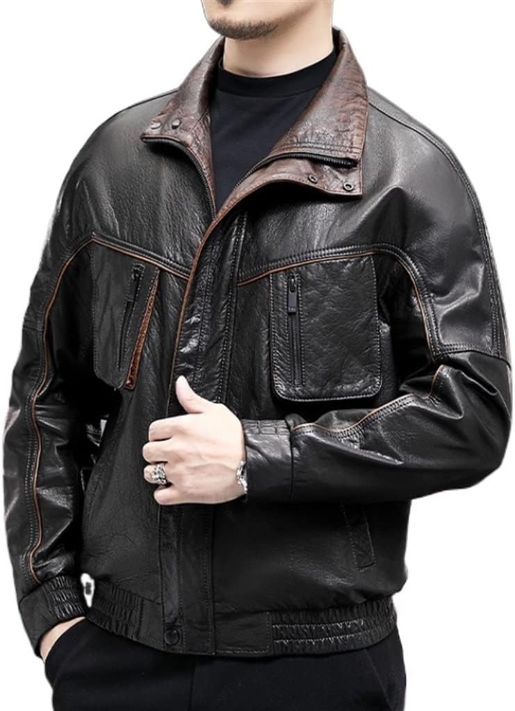 LXXSH Leather Jacket Men's Oil Wax Leather Standing Lapel