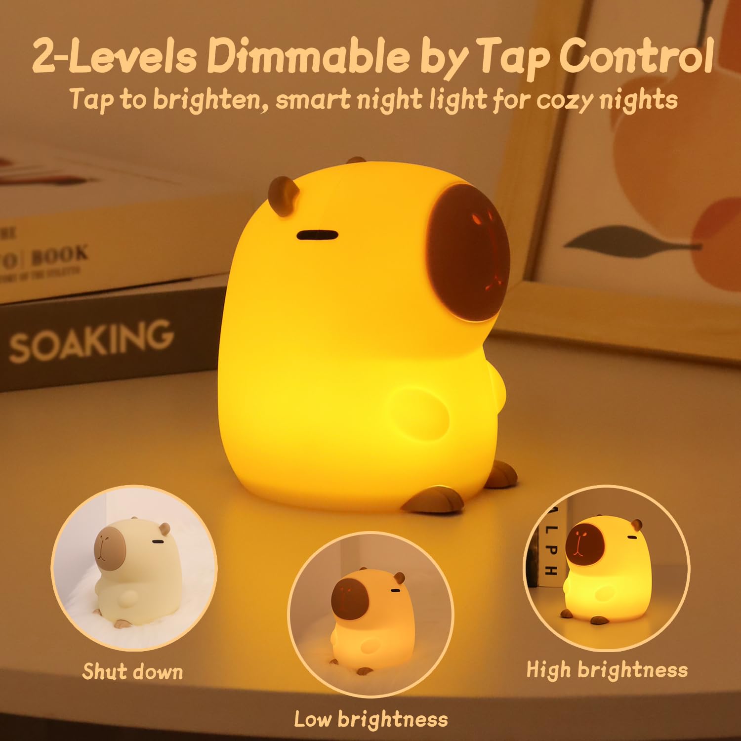 Rytinazzz Capybara Luz nocturna, lámpara Capybara, luz nocturna de silicona, luz nocturna para niños, regulable, recargable, temporizador de 30 minutos, control táctil, lámpara de noche para niños