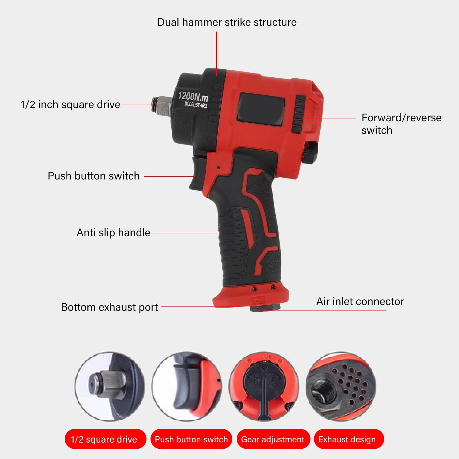 Luocute Chiave D'aria Dell'auto, Chiave Pneumatica Leggera 1,3 Kg con Presa Ergonomica, Guida 1/2in, Torsione 1200n.m, 10000 Giri/min, Regolazione della Rotazione in Avanti, Ambiente