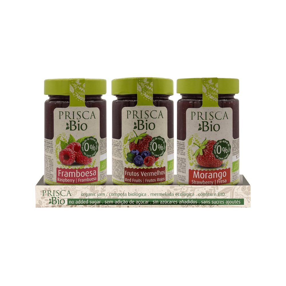 Confitures 100% biologiques de Framboise - Fruits Rouges - Fraise - Sans sucre ajouté - Produit biologique certifié - Emballage de 3 unités de 240 gr chacune