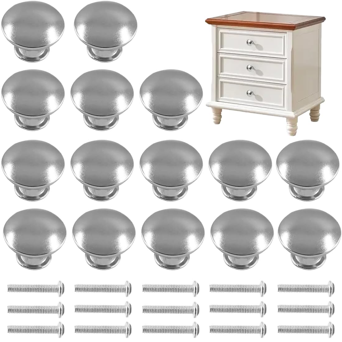 15 Pomelli per Mobili, maniglie per cassetti in acciaio inox, maniglie rotonde da 27 mm con foro singolo e vite, maniglie per cassettiera (argento)