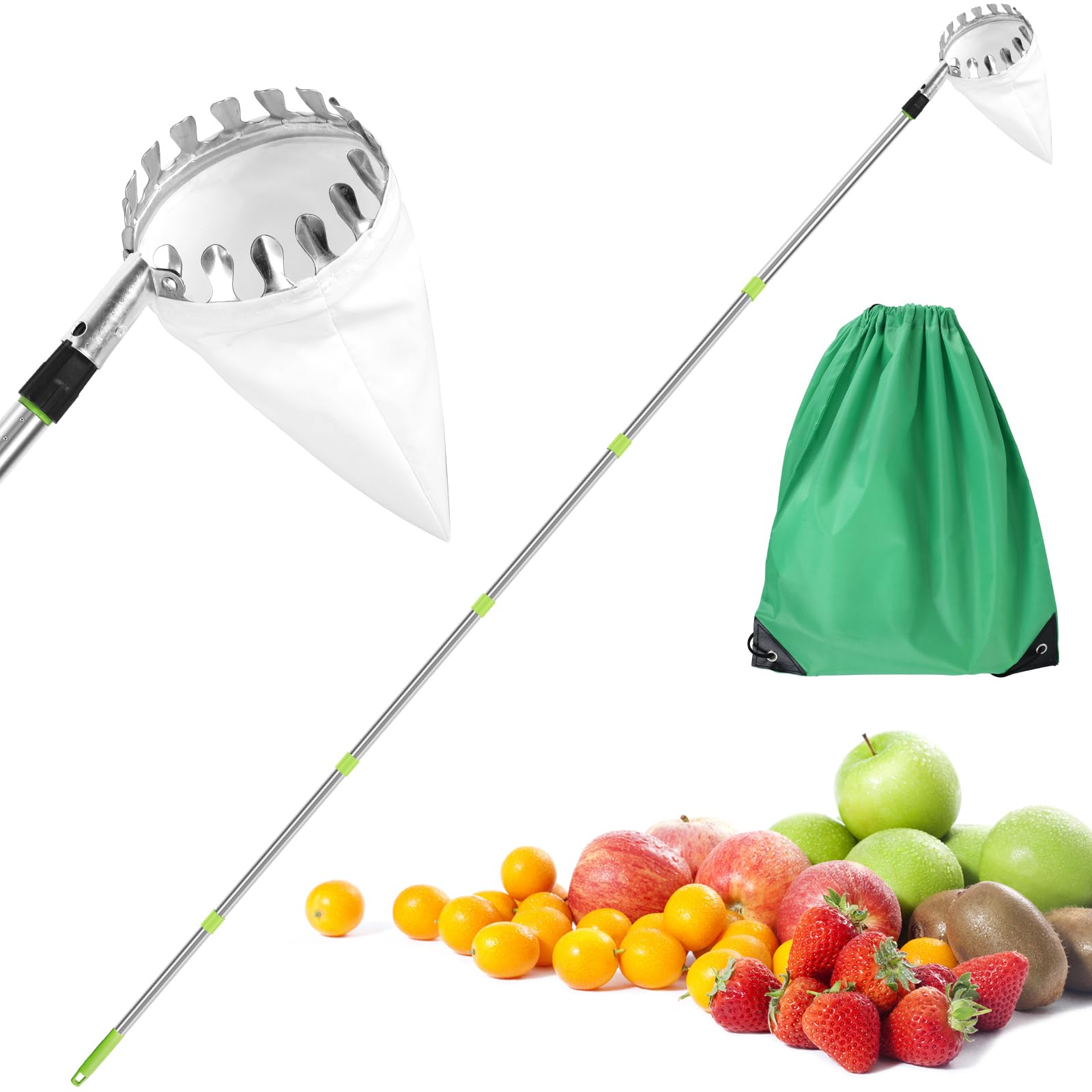 Alongen Orange Fruit Picker With Telescopic Handle, With Storage Bag Stainless Steel Picker Tool Tree Fruit Catcher,For Cherry Berry Lemon Pear Harvester