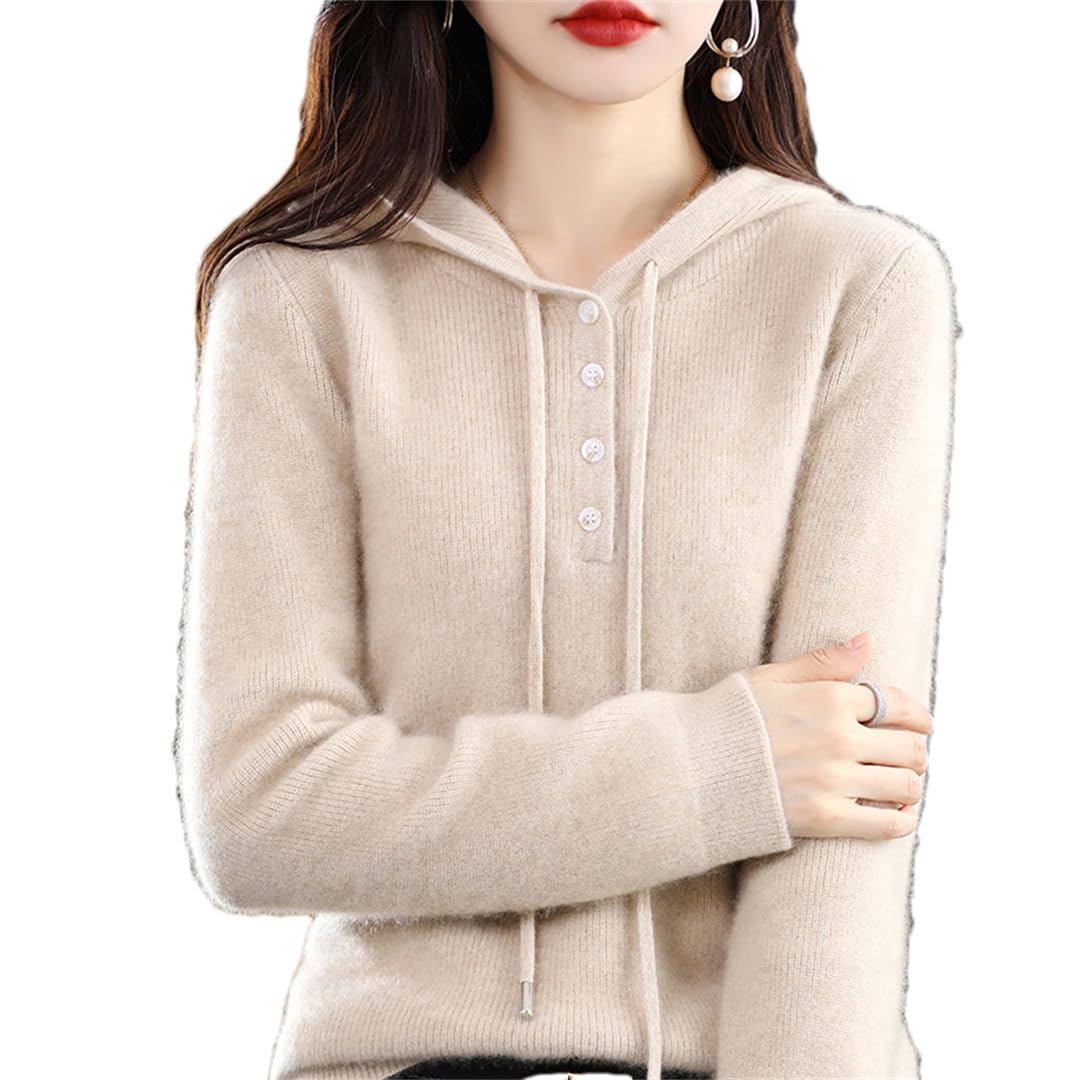 Suéter de lana para mujer, suelto y cómodo, color sólido, tejido de manga larga, suéter de cachemira con capucha