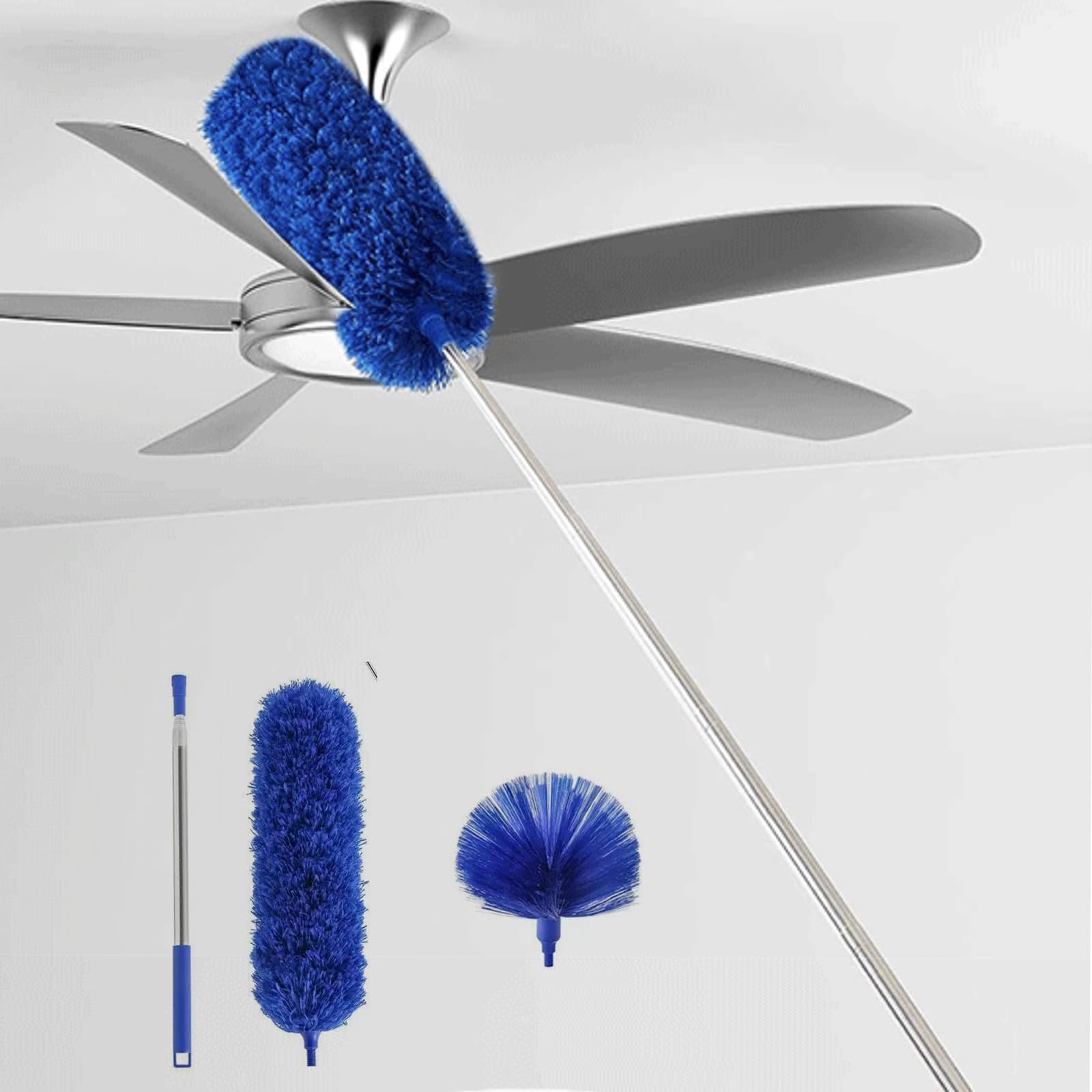 Cobweb Duster with Extension Pole, Ceiling Cob Web Cleaner Kit with 2 Duster Heads, 15-100 Inch Telescopic Microfiber Cleaning Duster, Long Corner