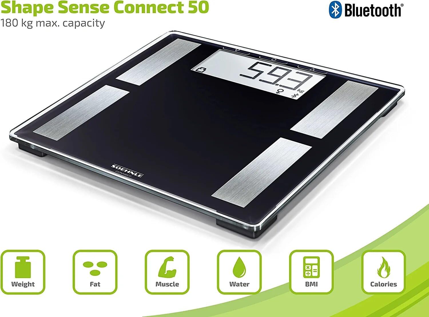 Soehnle Shape Sense Connect 50 - Bilancia pesapersone con Bluetooth e app, per analisi del corpo BIA, con grande display LCD, Nero