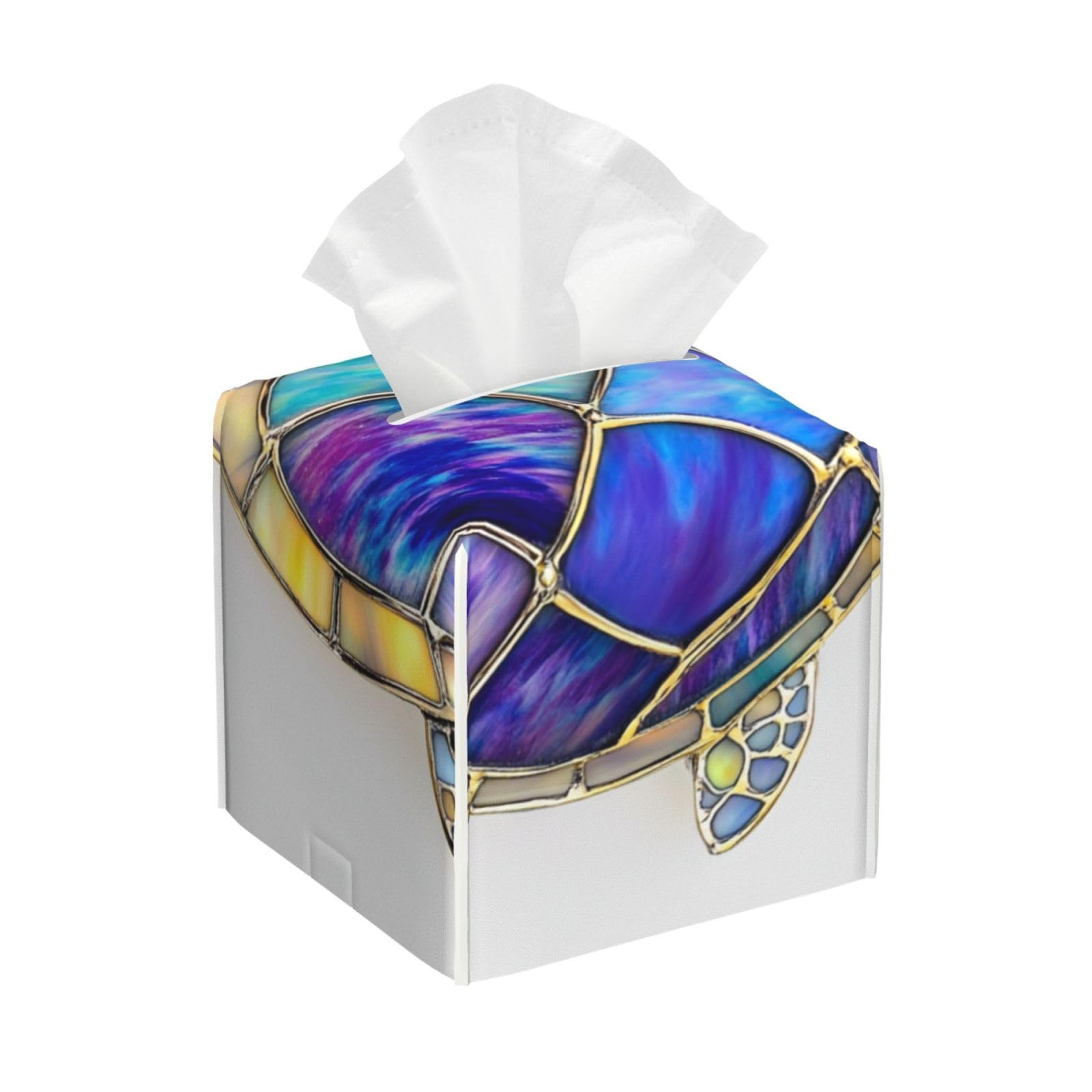 Stained Glass Turtle Gold Yellow Tissue Box Cover Square Pu Leather Waterproof Tissue Box Holder for Car Bathroom Bedroom Office Tabletop Decor