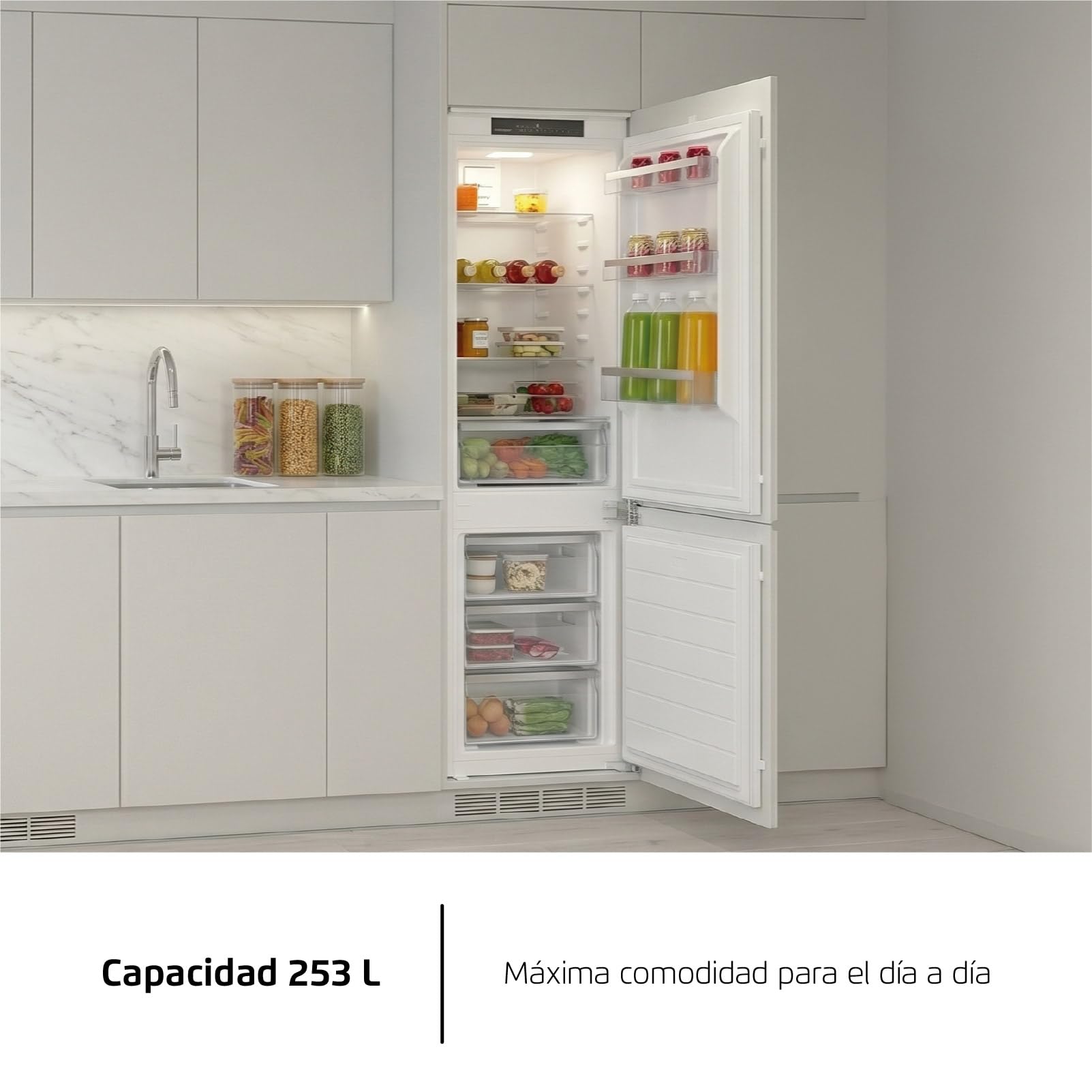 Corberó - Frigorífico Combi | CCH1756NFINT | 253 Litros | 179 cm | No Frost | Display Interior, Fresh Box | Cajón Crisper | Botellero de Madera | Modo Vacaciones | Blanco