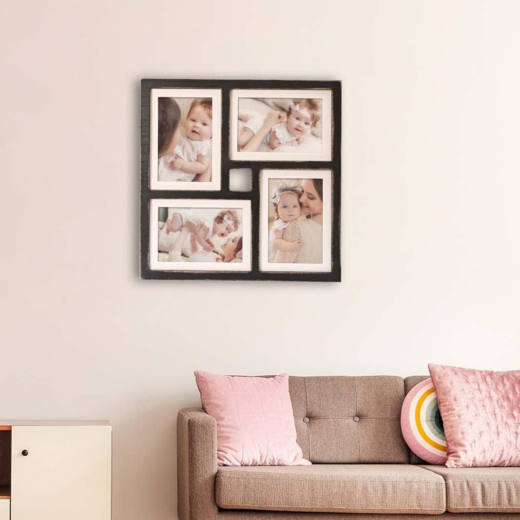 Collage Picture Frame 5x7 4-Opening Rustic Farmhouse Collage Photo Frames 4X6 with Mat Family Muti Frame for Wall Decor Hanging or Tabletop Display Black