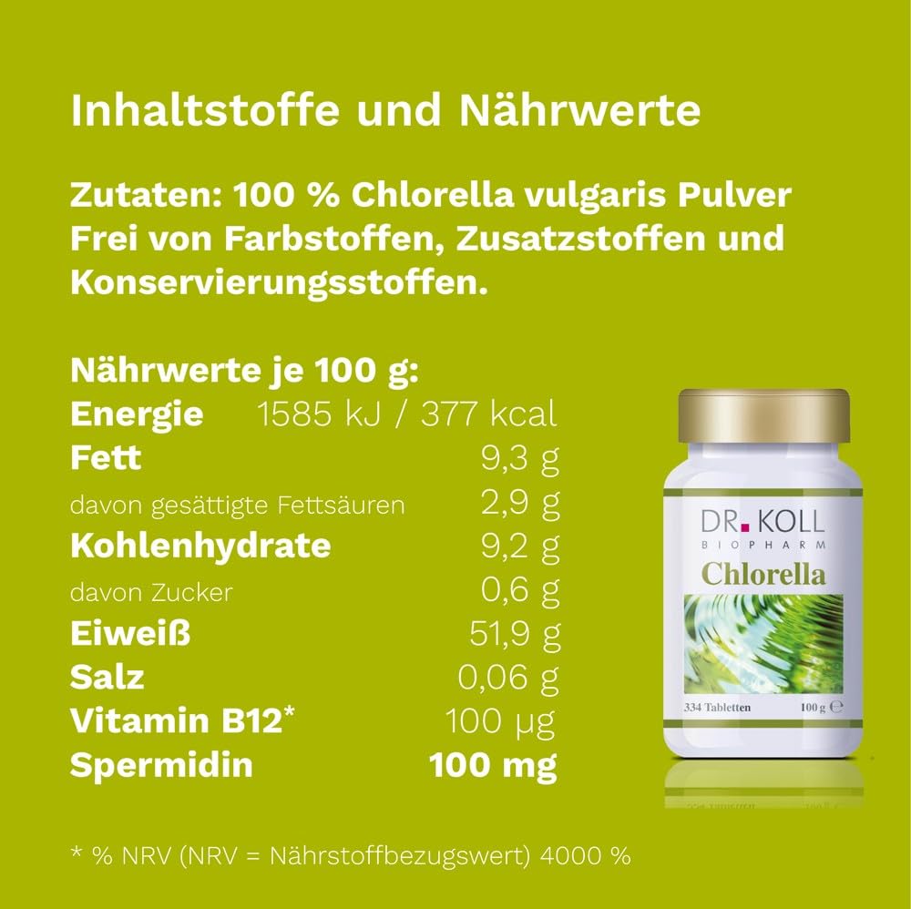Dr. Koll Bio Chlorella Tabletten – Natürliches Nahrungsergänzungsmittel 100% Chlorella vulgaris | Hochdosiertes Vitamin B12 Supplement | 334 Tabletten Made in Germany