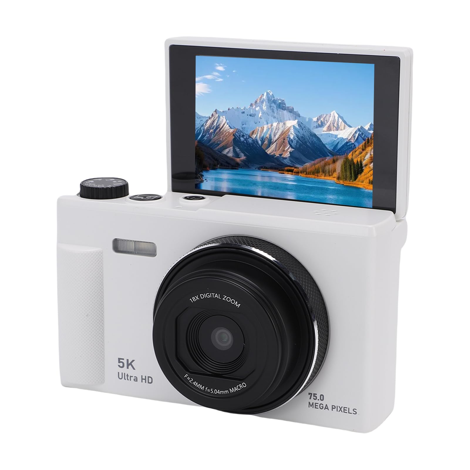 Akozon Fotocamera Digitale 5K 75MP Zoom 18X Autofocus Vlog Camera con Schermo Ribaltabile a 180° da 2,8 Pollici da Viaggio (White)
