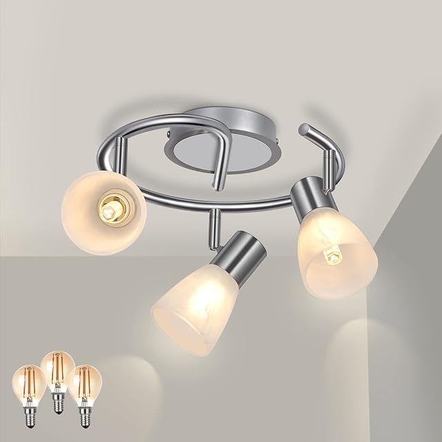 Unikcst LED Ceiling Light Rotatable 3 Way Spotlights Brushed Chrome Spot Lights Ceiling Fitting E14 240V for Kitchen Living Room, Incl. 3X 4W LED Bulbs Warm White