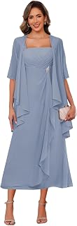 2 Piece Chiffon Mother of The Bride Dresses with Jacket Ruffle Formal Evening Dress VS179