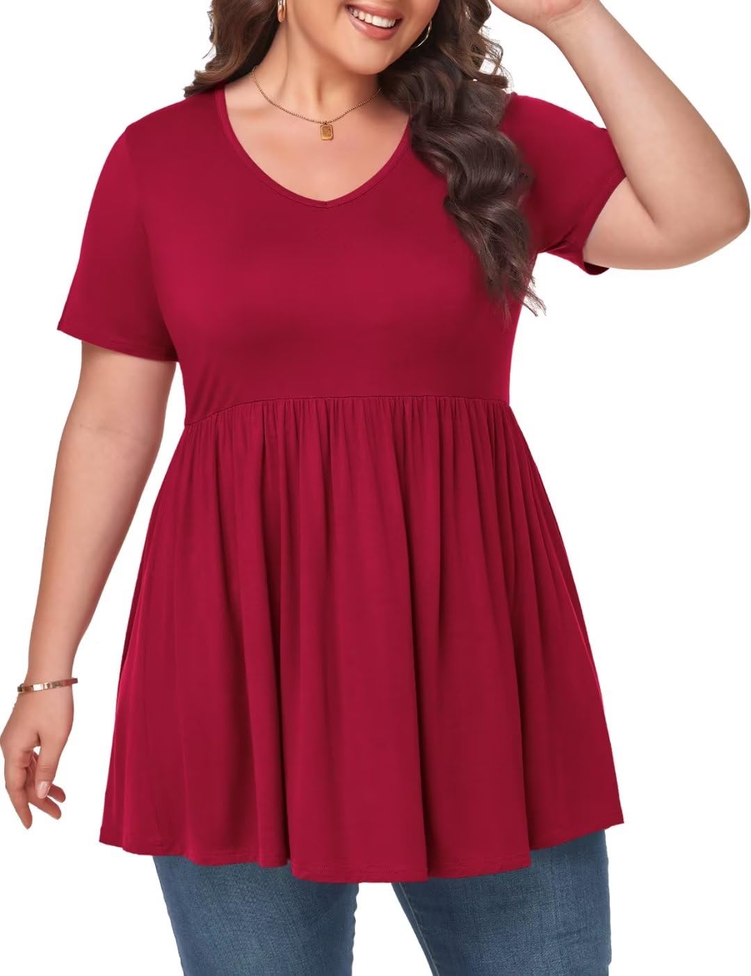 MONNURO Womens Plus Size Tops Cute Babydoll T Shirts Peplum Tunic Tops Loose Fit V-Neck Short Sleeve Blouse