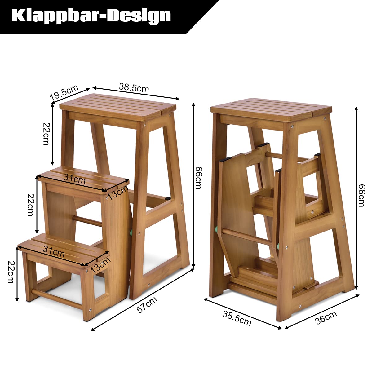 DREAMADE dreistufiger Tritthocker Klappstufen, Trittleiter aus Holz, Treppenstuhl klappbar, Leiterstuhl Hockerleiter Klapphocker, Faltstuhl Trittstuhl Haushaltstritt mit 3 Stufen (Walnuss)