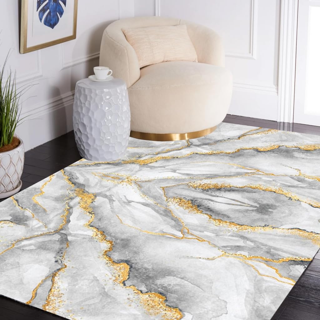 White Grey Gold Marble Pattern Modern Abstract Livingroom Bedroom Area Rug 8x10 Machine Washable Soft Wool Shag Carpet Under Diningroom Table Luxury Decor Home Office Indoor Floor Rug Mat