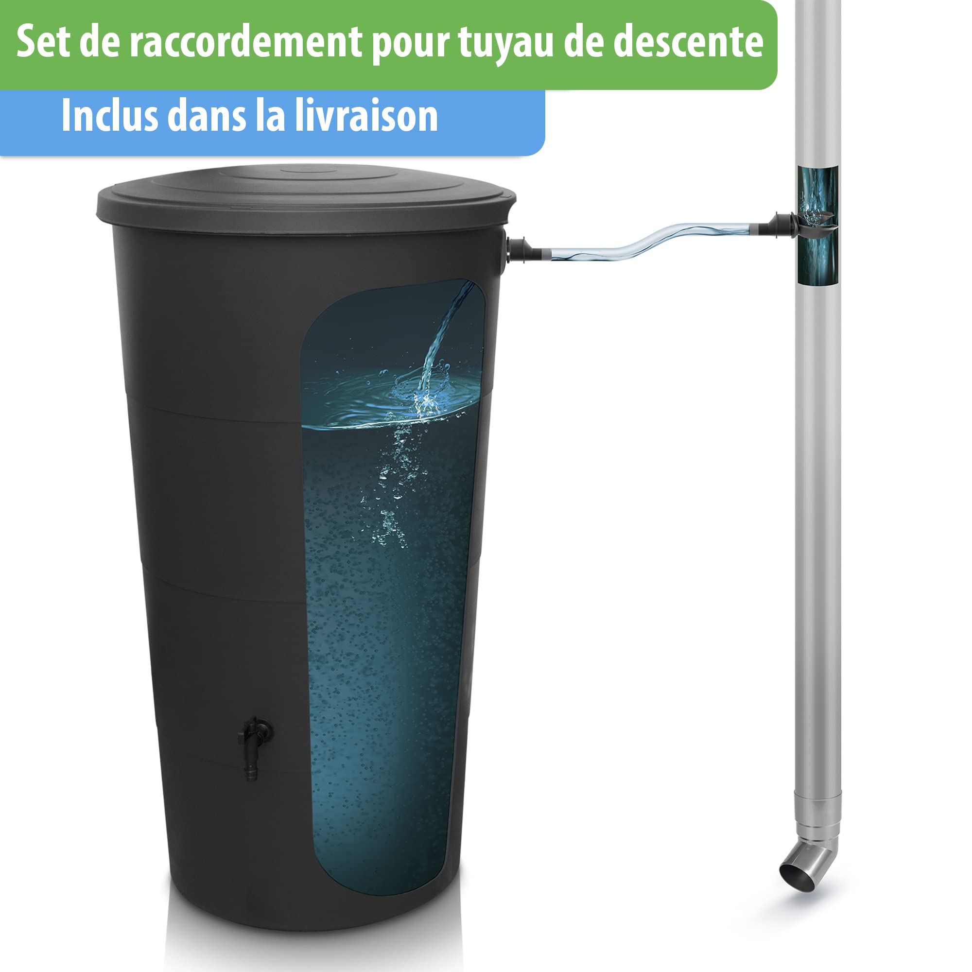 YourCasa récupérateur Eau de Pluie 200 litres [avec collecteur de Pluie] - avec raccord de Tuyau de Descente – Récupérateur Eau de Pluie avec Robinet - Reservoir Eau de Pluie (Anthracite, 200L)