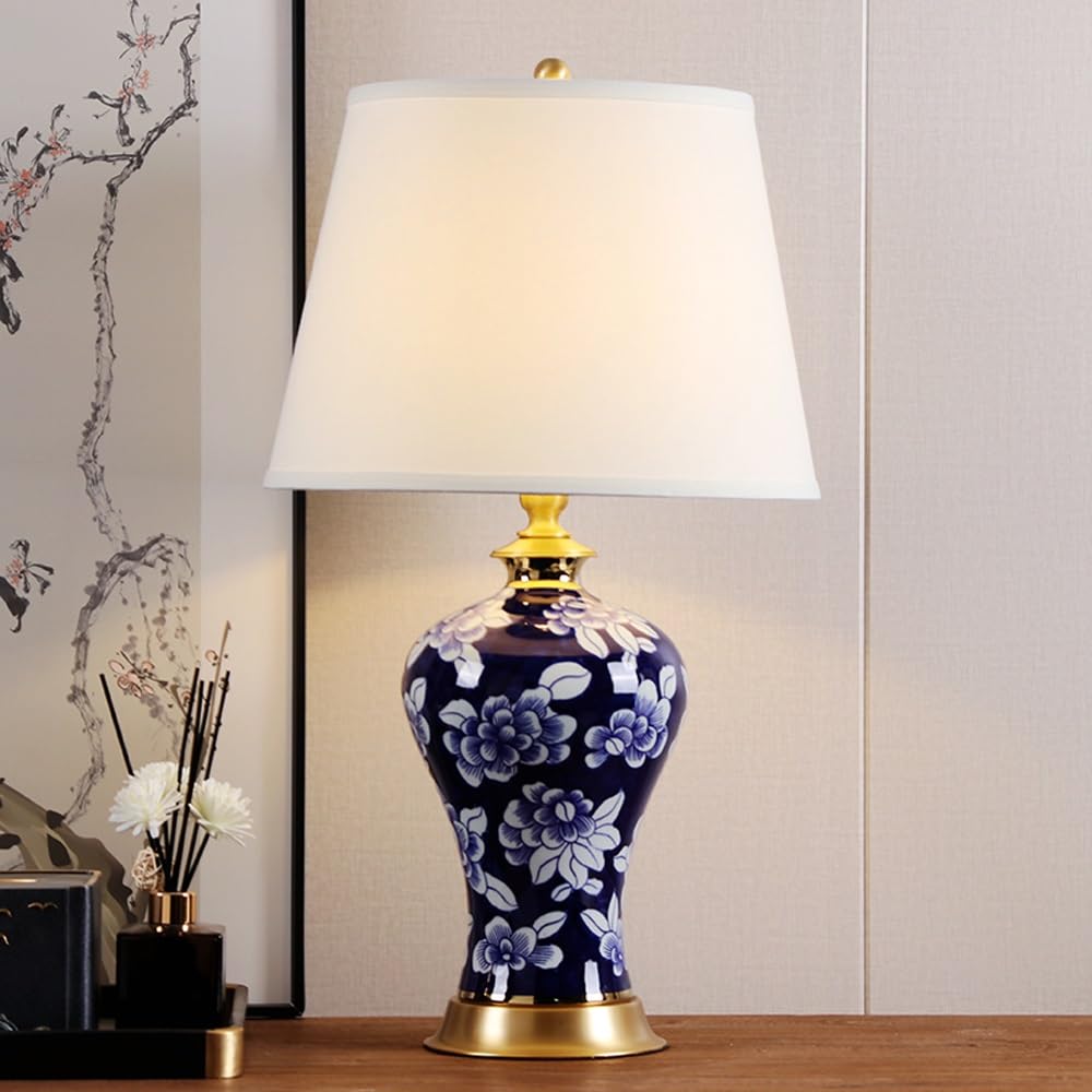 Tradycyjna ceramiczna lampa stołowa, lniany klosz Lampa nocna ze zdalnym sterowaniem H65 Miedziana lampka nocna do biura w sypialni(Remote Control Switch)