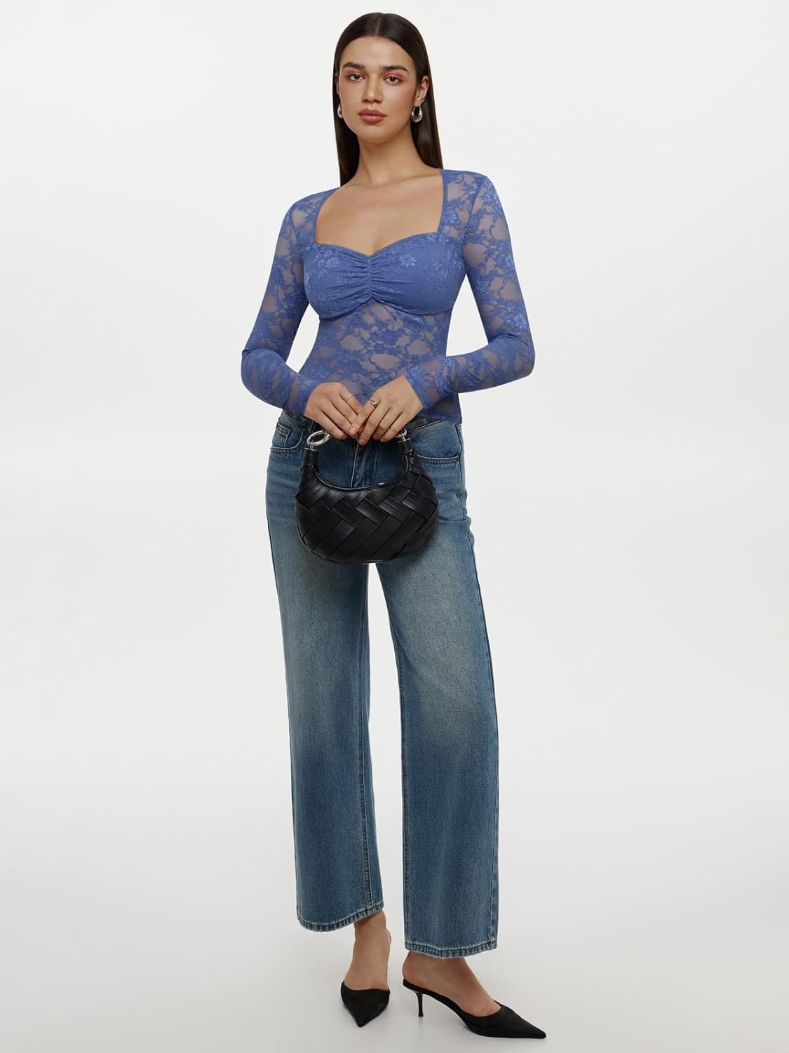 REORIA Womens Sexy Sheer Mesh Tops Floral Lace Long Sleeve Shirts Low Cut Slim Fitted Outfits See Through Going Out Blouses - Image 5