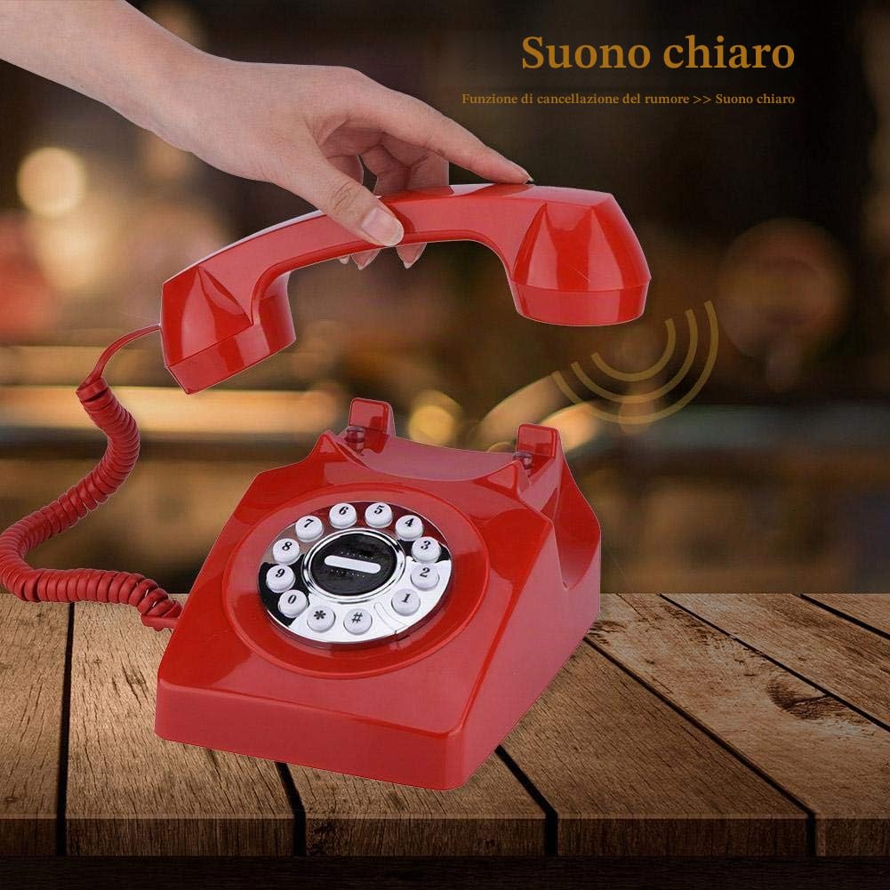 Telefono Fisso stile retro,Vintage Design Telefono, Telefono con filo con disco combinatore d'epoca Nostalgia (Rosso)