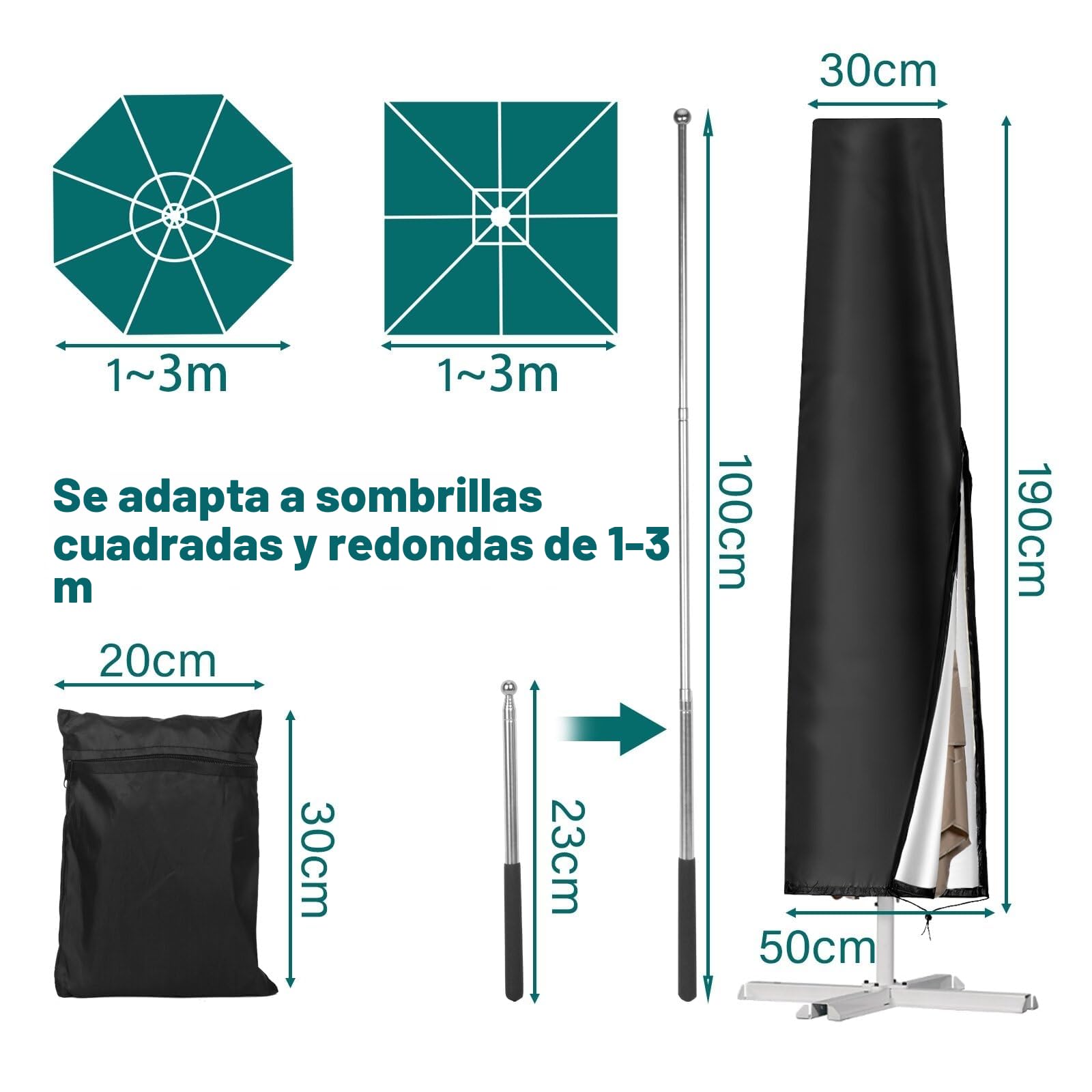 VORHOT Funda Sombrilla Playa para Sombrilla Ø 1-3m, 210D Oxford-Tela Funda Protectora con Varilla, Impermeable Anti-UV Cover para Sombrilla Terraza Exterior Parasol Jardin, 190 x 30/50CM