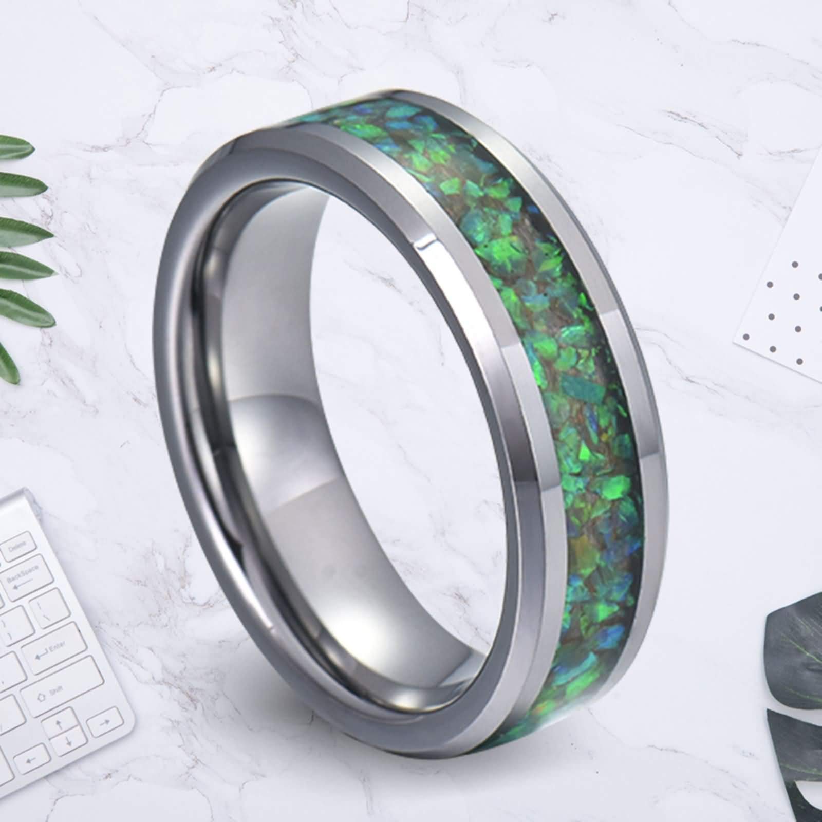 Anello Carburo di Tungsteno Anello Intarsio in Opale Comfort Fit Anello Tungsteno Personalizzabile 8MM Anello Promessa Argento Verde Misura 12-31