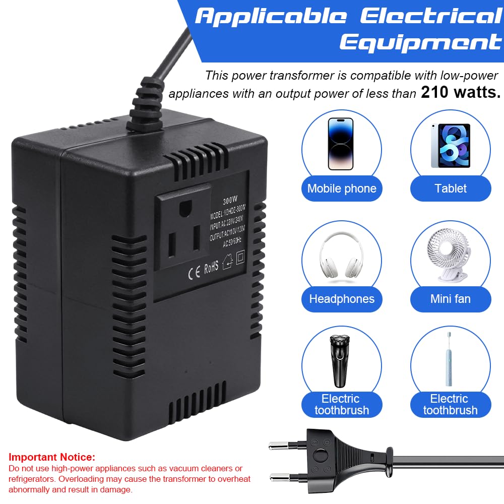 Spannungswandler Transformator 220v auf 110v, 300W Netzadapter Schritt Runter Stromkonverter, Voltage Converter 220v to 110v mit Stecker, Reisestromadapter Spannungswandler für Handys, Rasierer