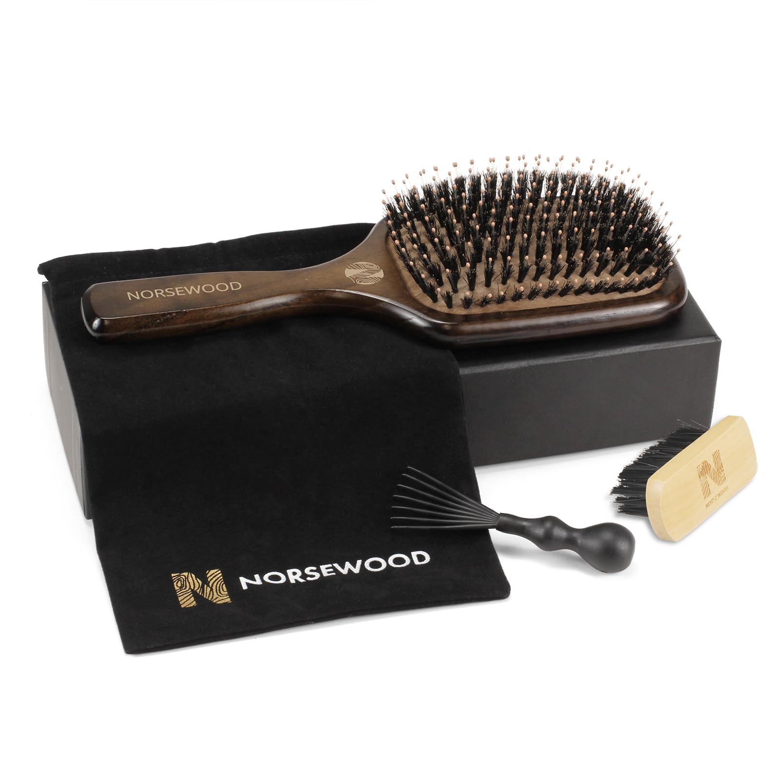 Norsewood 100% Boar Hair Brush Set, Detangler, Long, Short, Thick, Thin, Curly, Straight, Wavy, Shine Enhancing Hairbrush, Ideal for Men, Women, Kids