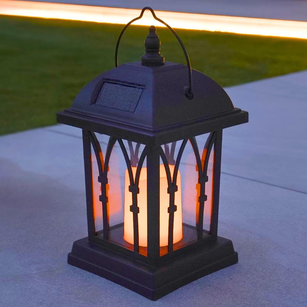 Festive Lights - 27cm Realistic Solar Power Candle Lantern – Black, Flickering Amber LED – Outdoor Hanging or Table Light – Waterproof Garden, Patio & Decking Decoration – IP44 Rated, Energy-Efficient