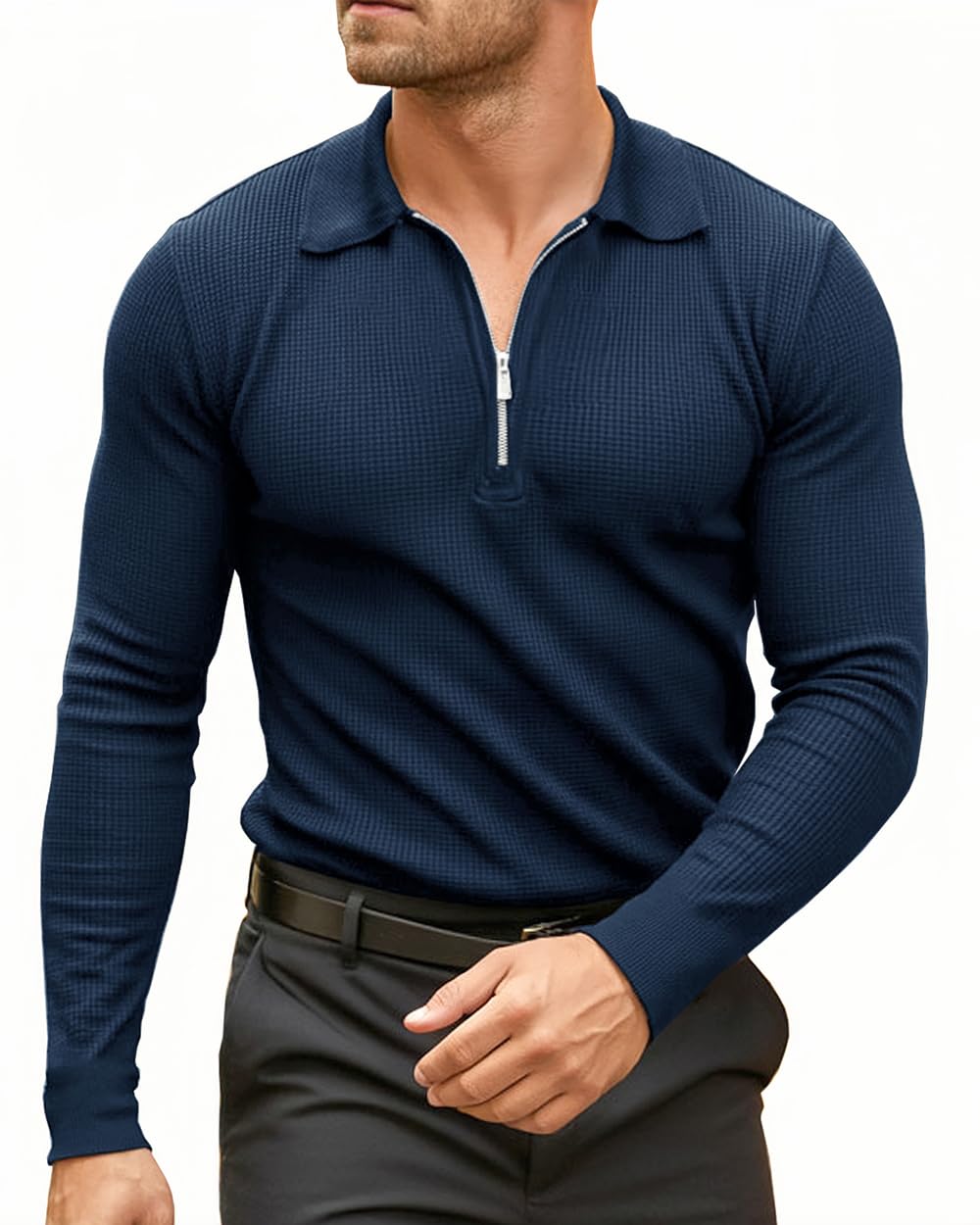Lehmanlin Hommes Coupe Ajustée Muscle Polos, T-Shirt à Manches Longues en Maille Gaufrée, Haut de Sport décontracté pour Le Golf