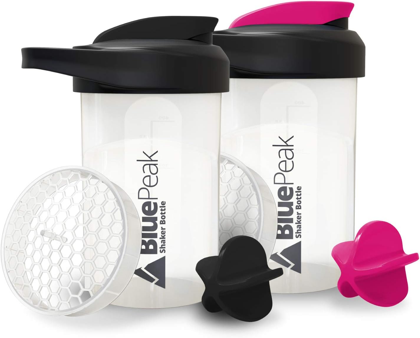 BluePeakProtein Shaker Bottle 20 oz with Dual Mixing Technology, Strong Loop Top, BPA Free, Shaker Balls & Mixing Grids Included - On-The-Go Small Protein Shakers (2 Pack - Black & Pink)