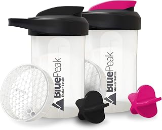 BluePeak Protein Shaker Bottle 20 oz with Dual Mixing Technology, Strong Loop Top, BPA Free, Shaker Balls & Mixing Grids Included - On-The-Go Small Protein Shakers (2 Pack - Black & Pink)